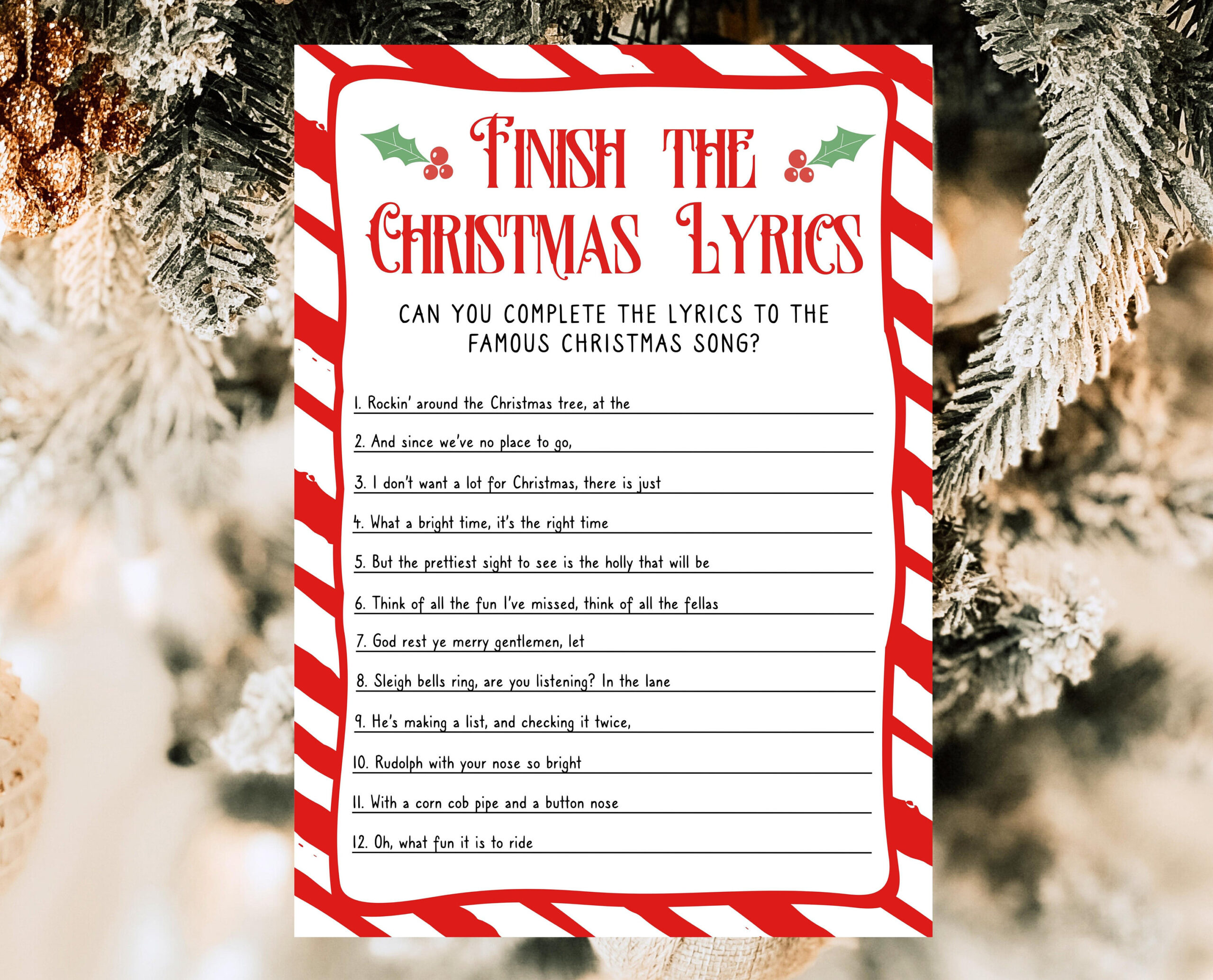 Finish The Christmas Lyrics Game Template, Printable Christmas with Finish The Christmas Lyrics Printable