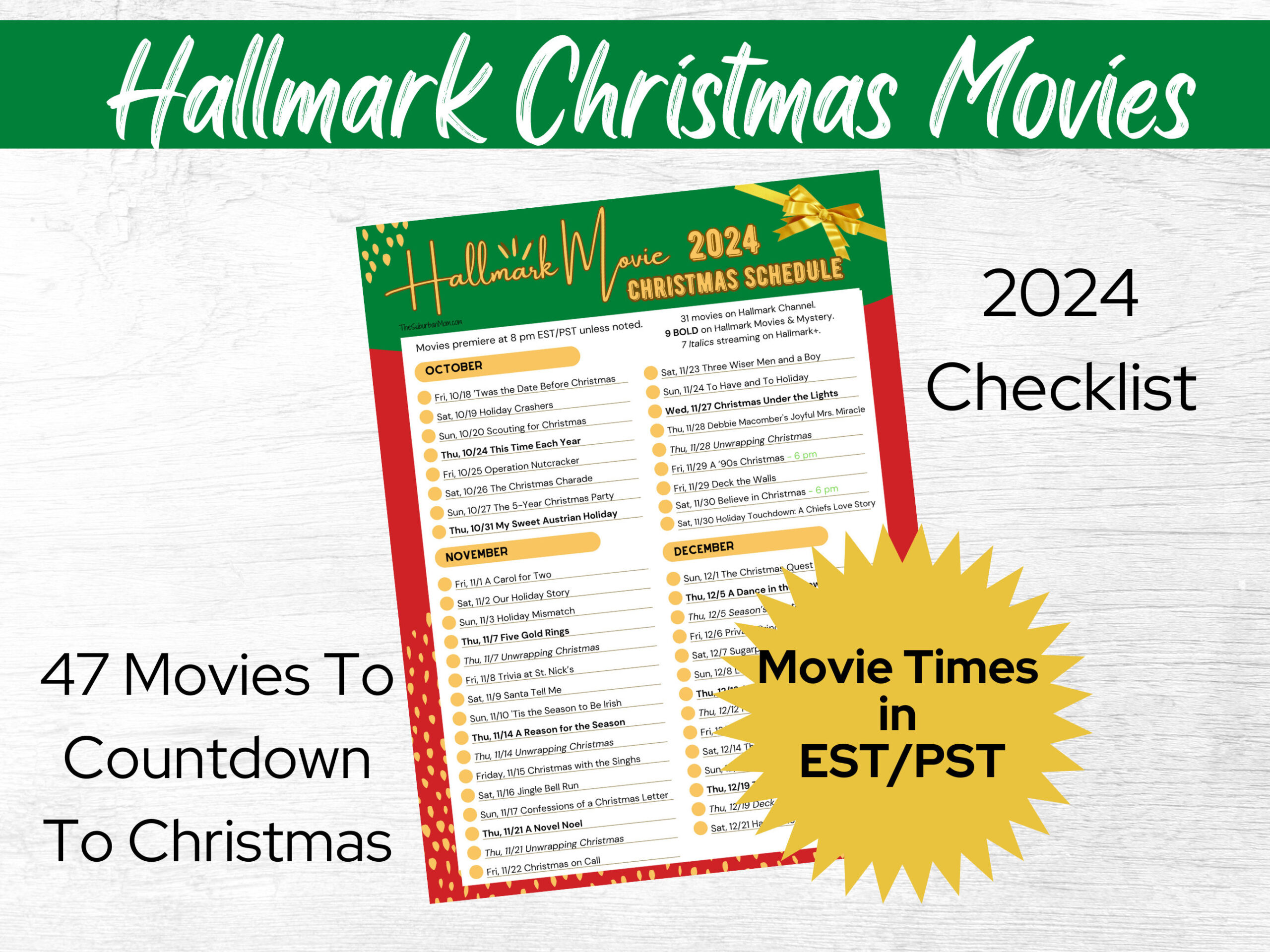 Hallmark Christmas Movies 2024 Schedule Printable Checklist regarding Hallmark Countdown to Christmas 2024 Schedule Printable