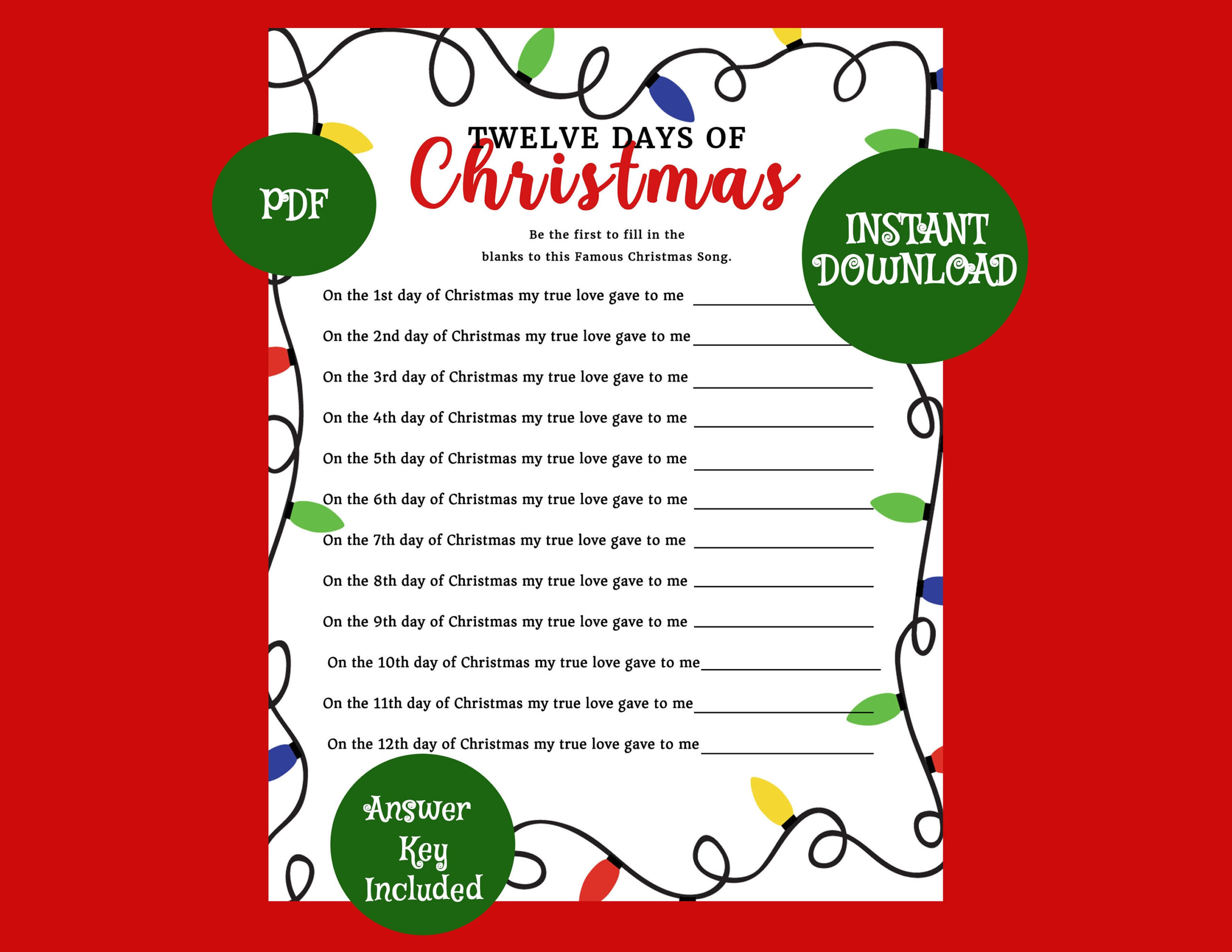 Instant Download 12 Days Of Christmas Game / Party Games / Holiday Shop inside 12 Days Of Christmas Game Free Printable