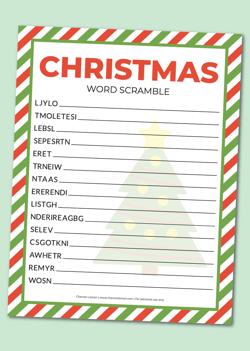 Printable Christmas Word Scramble - Chevron Lemon in Christmas Word Scramble Free Printable