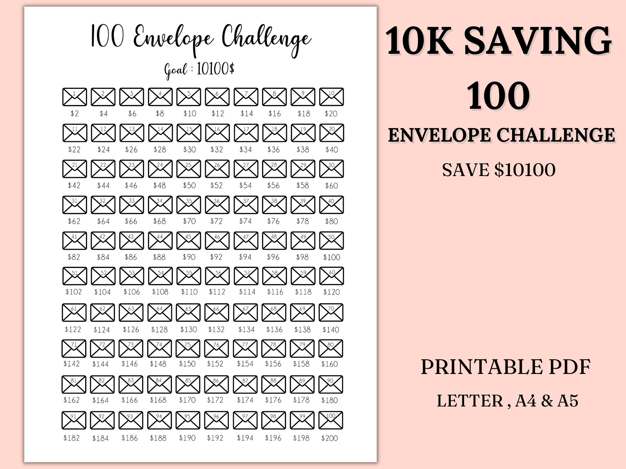 100 Envelope Challenge Printable, 10.000 Savings Challenge in Printable 100 Envelope Challenge Chart