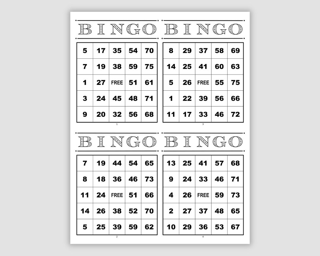 1000 Bingo Cards Pdf Download, 4 Per Page, Instant Printable Fun regarding Printable Bingo Cards 4 Per Page