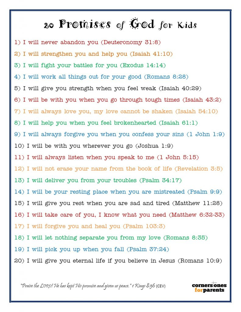 20 Promises Of God For Kids | Cornerstones For Parents throughout Printable 7 Promises Of God