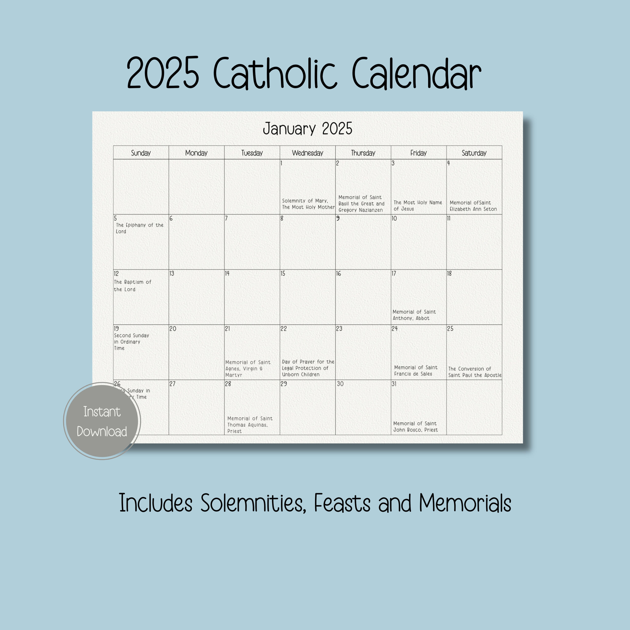 2025 Catholic Calendar, Printable Catholic Calendar, Feasts with regard to Free Printable Catholic Calendar 2025