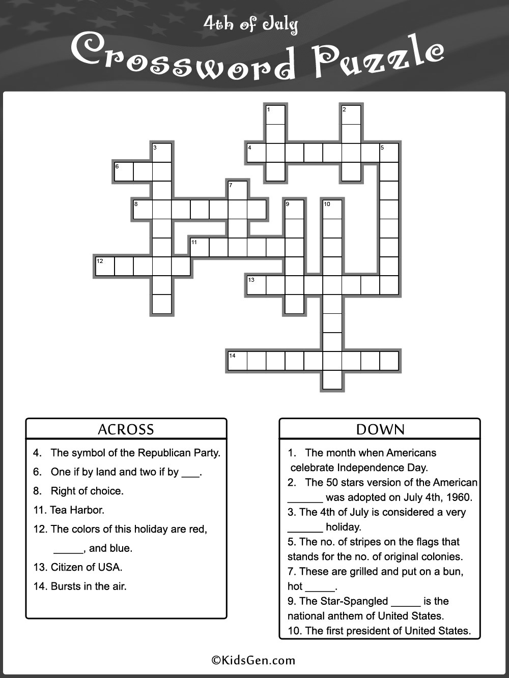 4Th Of July Black &amp;amp; White Crossword Template within 4th July Crossword Puzzle Printables