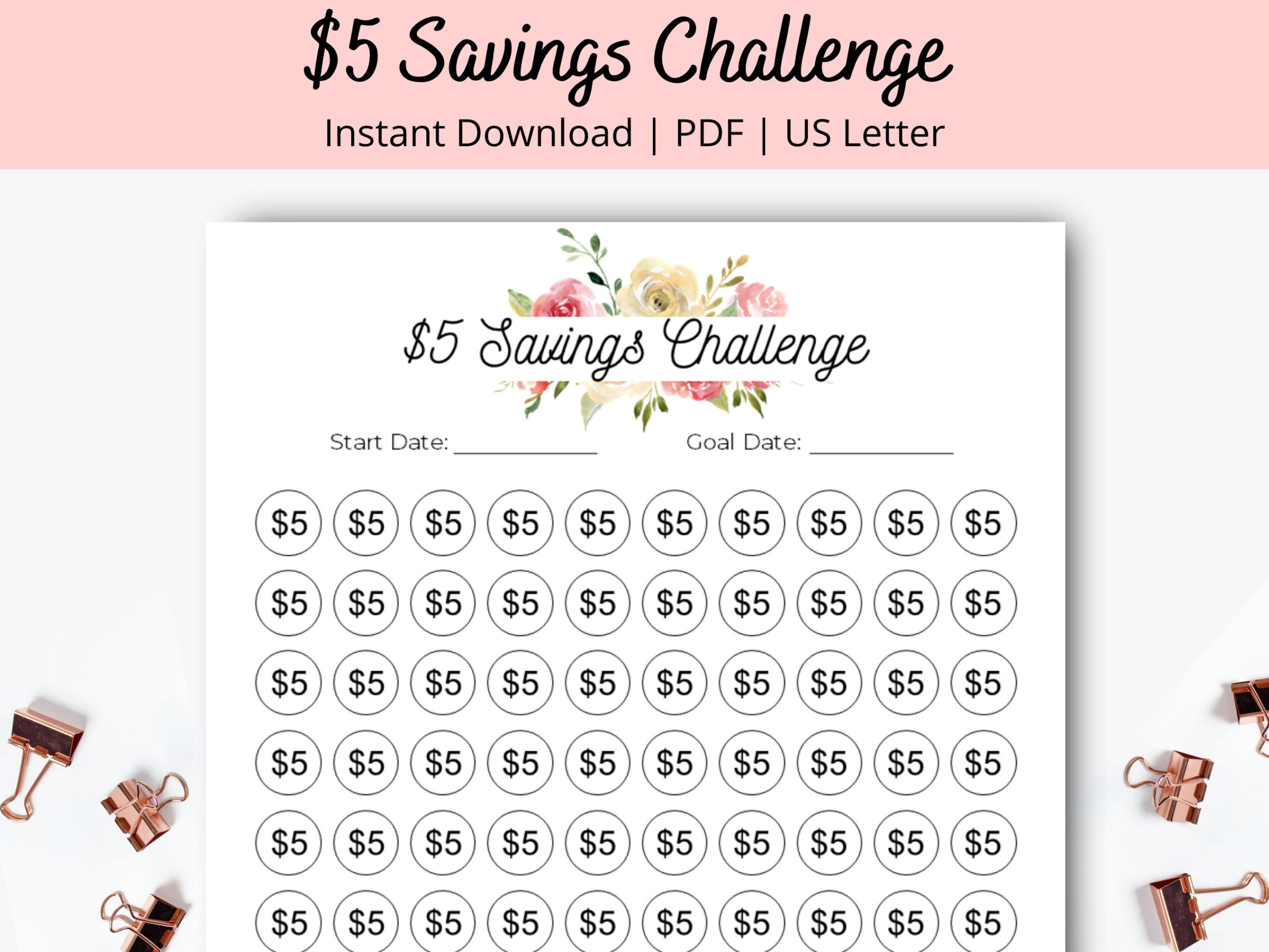 5 Dollar Spar Challenge 5 Dollar Challenge Cash Saving Challenge pertaining to Printable 5 Dollar Challenge