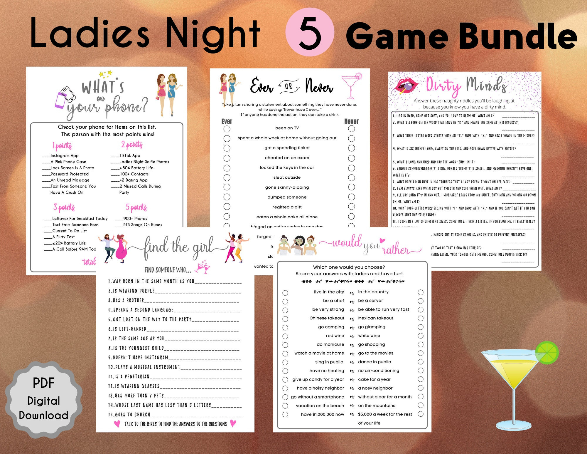 5 Ladies Night Game Bundle Fun Printable Ladies Party Games Fun inside Ladies Night Printable Games