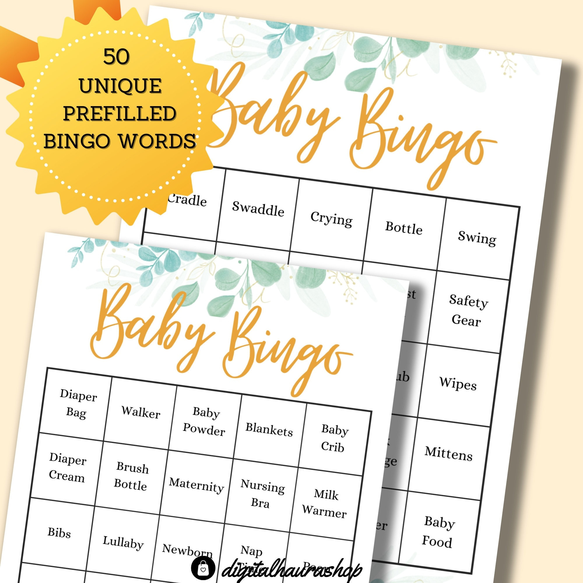 50 Prefilled Bingo Words Baby Shower Bingo Cards Bingo Game Cards inside 50 Free Printable Baby Bingo Cards