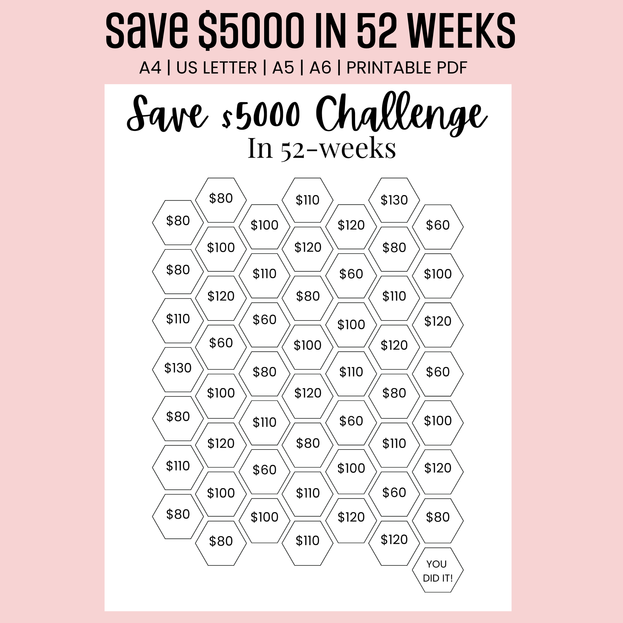 $5000 Saving Challenge 52 Weeks intended for Free Printable 52 Week Money Challenge 5000 Printable