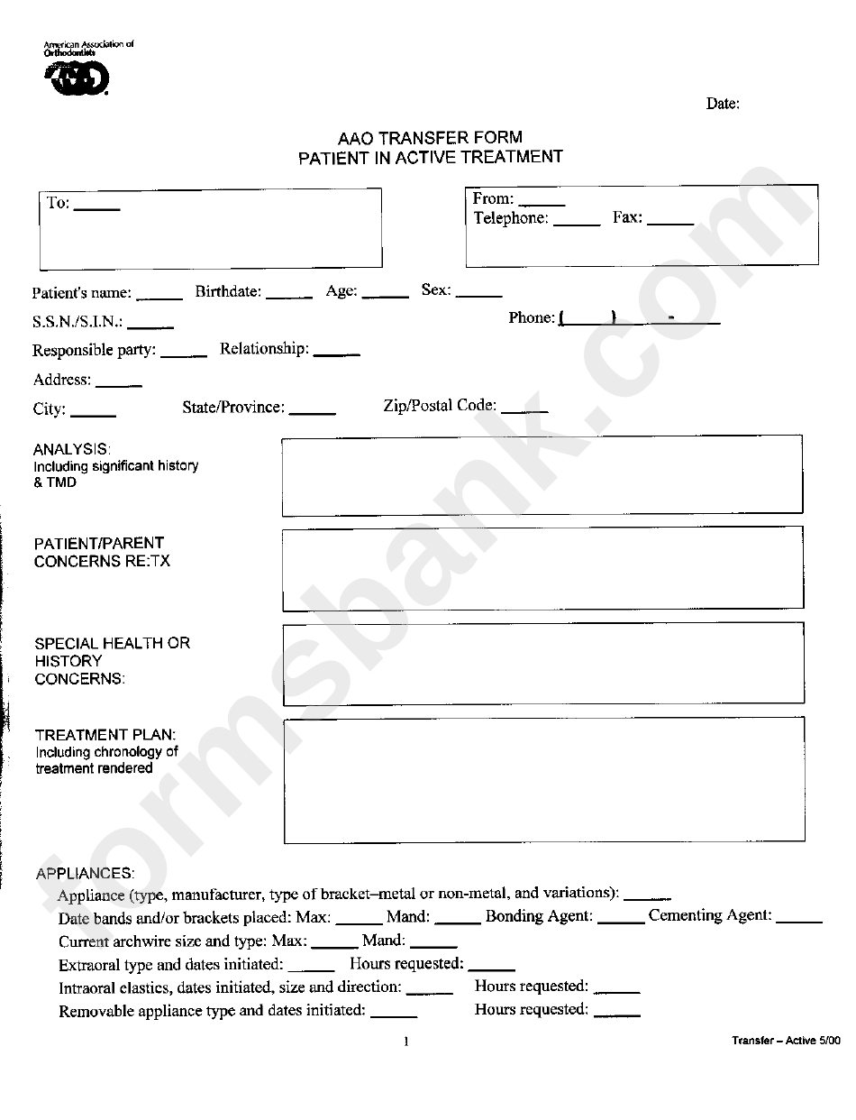 Aao Transfer Form Patient In Active Treatment - Form with Free Printable Aao Transfer Form