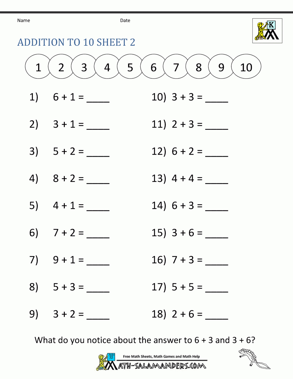 Addition Math Worksheets For Kindergarten inside Printable Adding To 10 Worksheet