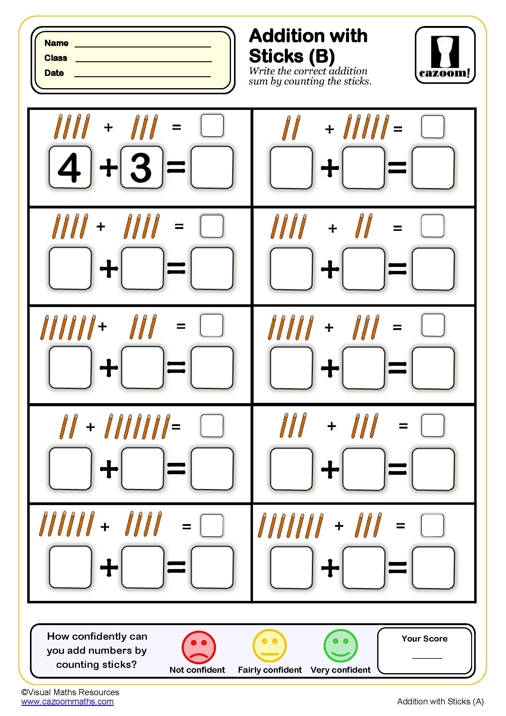 Addition With Sticks Worksheet (B) | Pdf Printable Addition Worksheets for Adding Pictures Worksheet Printable