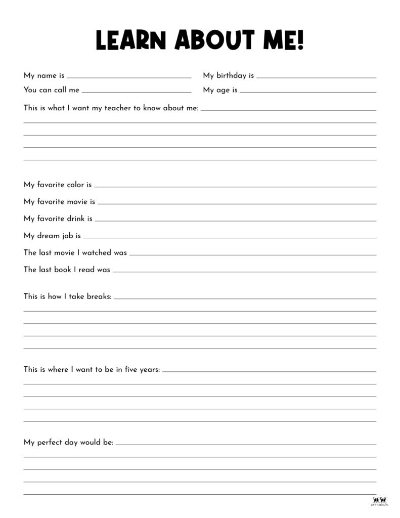 All About Me Printable Worksheets - 50 Free Printables | Printabulls for Printable Worksheets For Adults