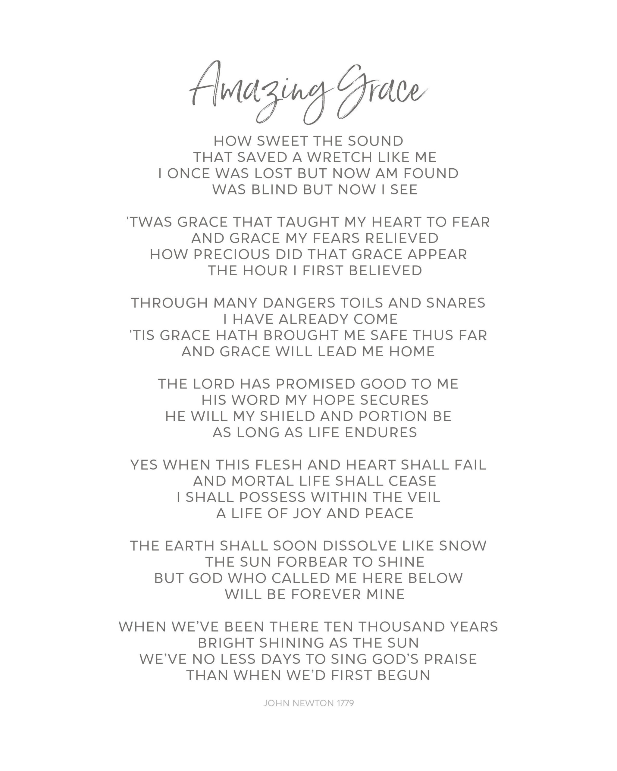 Amazing Grace Lyrics With Seven Verses, Modern Minimalistic Fonts for Lyrics For Amazing Grace Printable