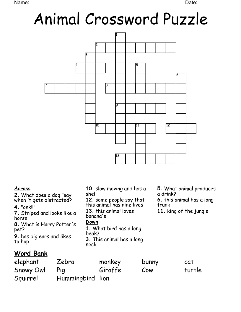 Animal Crossword Puzzle - Wordmint within Animal Crossword Puzzles Printable