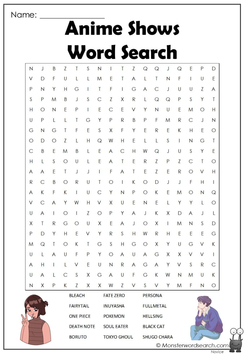 Anime Shows Word Search - Monster Word Search within Anime Word Search Printable