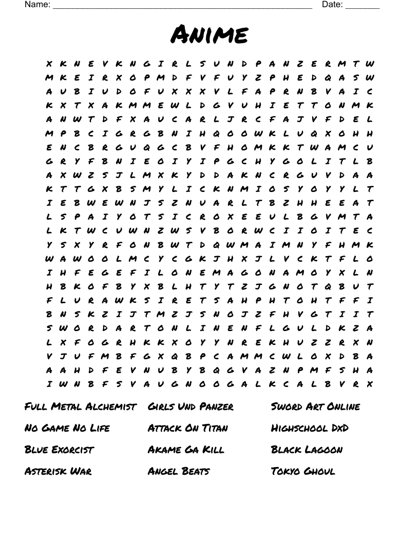 Anime Word Search - Wordmint inside Anime Word Search Printable