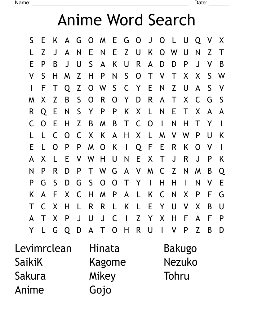 Anime Word Search - Wordmint regarding Anime Word Search Printable