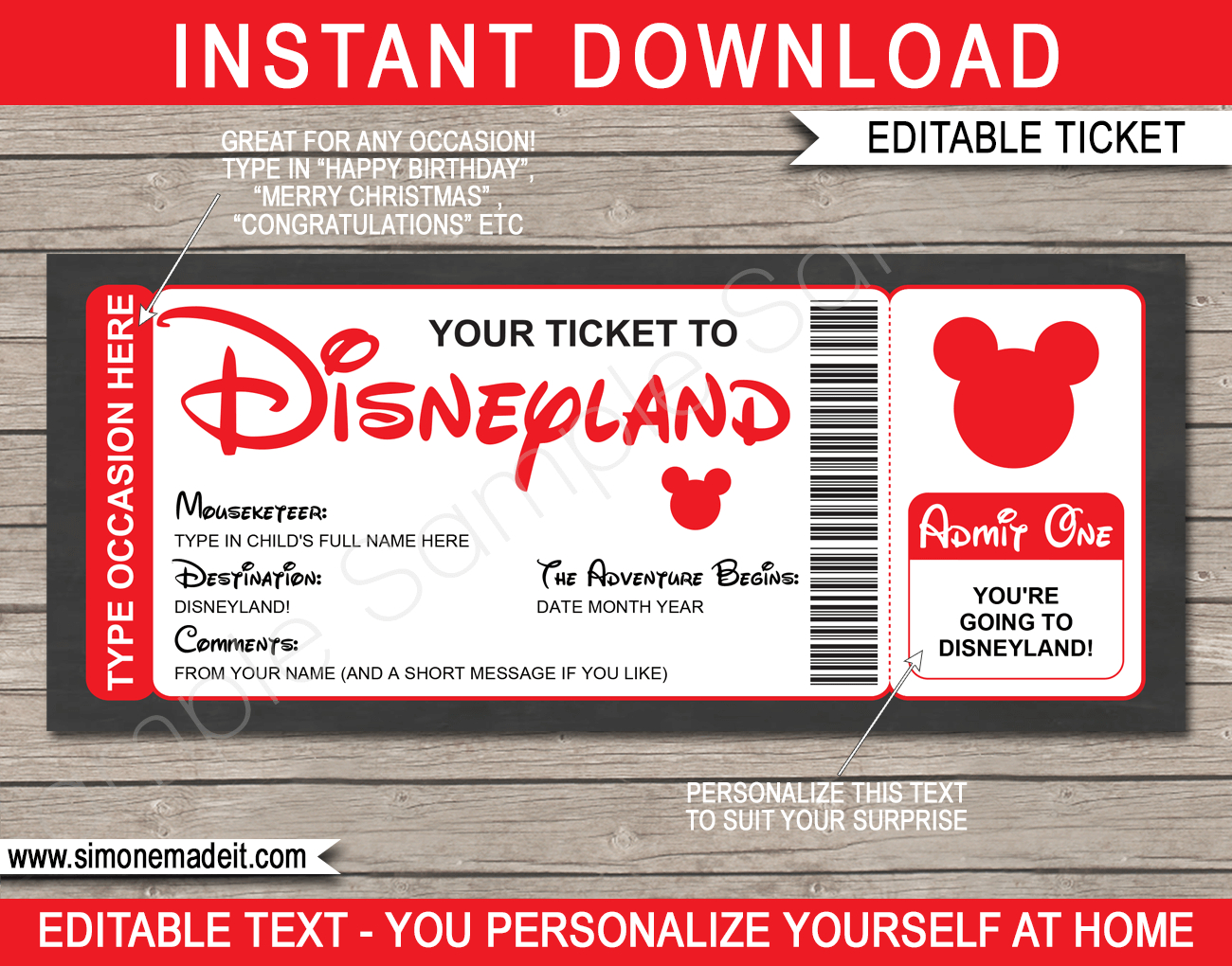 Any Occasion Surprise Trip To Disneyland - Colors with Free Printable Disney Boarding Pass