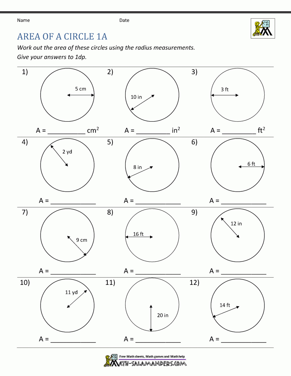 Area Of A Circle within Free Worksheet Circle Radius Printable