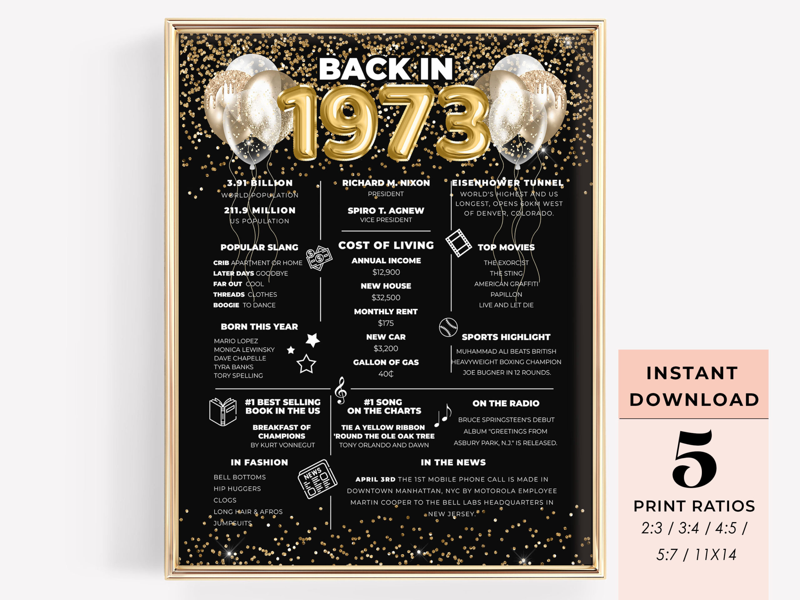 Back In 1973 50. Geburtstag Poster Druckbare 50. Klassentreffen regarding Free Printable Back in 1973 Facts