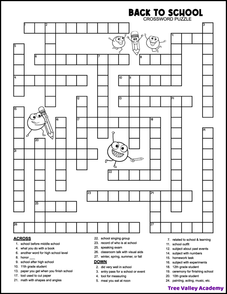 Back To School Crossword Middle School - Tree Valley Academy in Printable English Crossword Puzzles With Answers