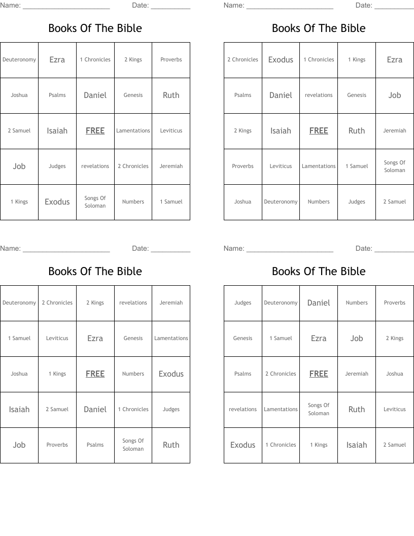 Books Of The Bible Bingo Cards - Wordmint in Free Printable Books of the Bible Bingo Cards