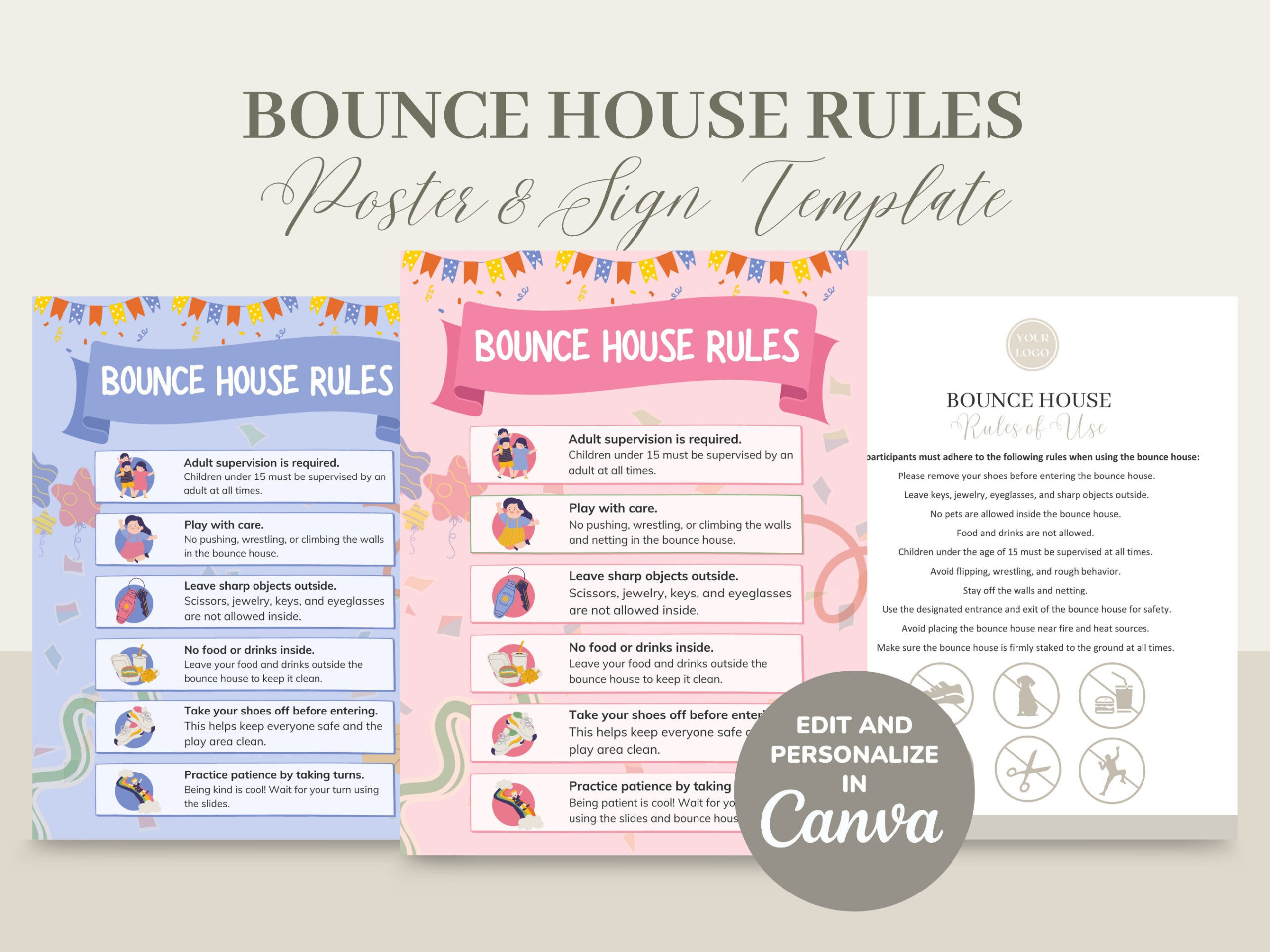 Bounce House Rental Rules Poster And Sign Template, Editable throughout Bounce House Rules Printable