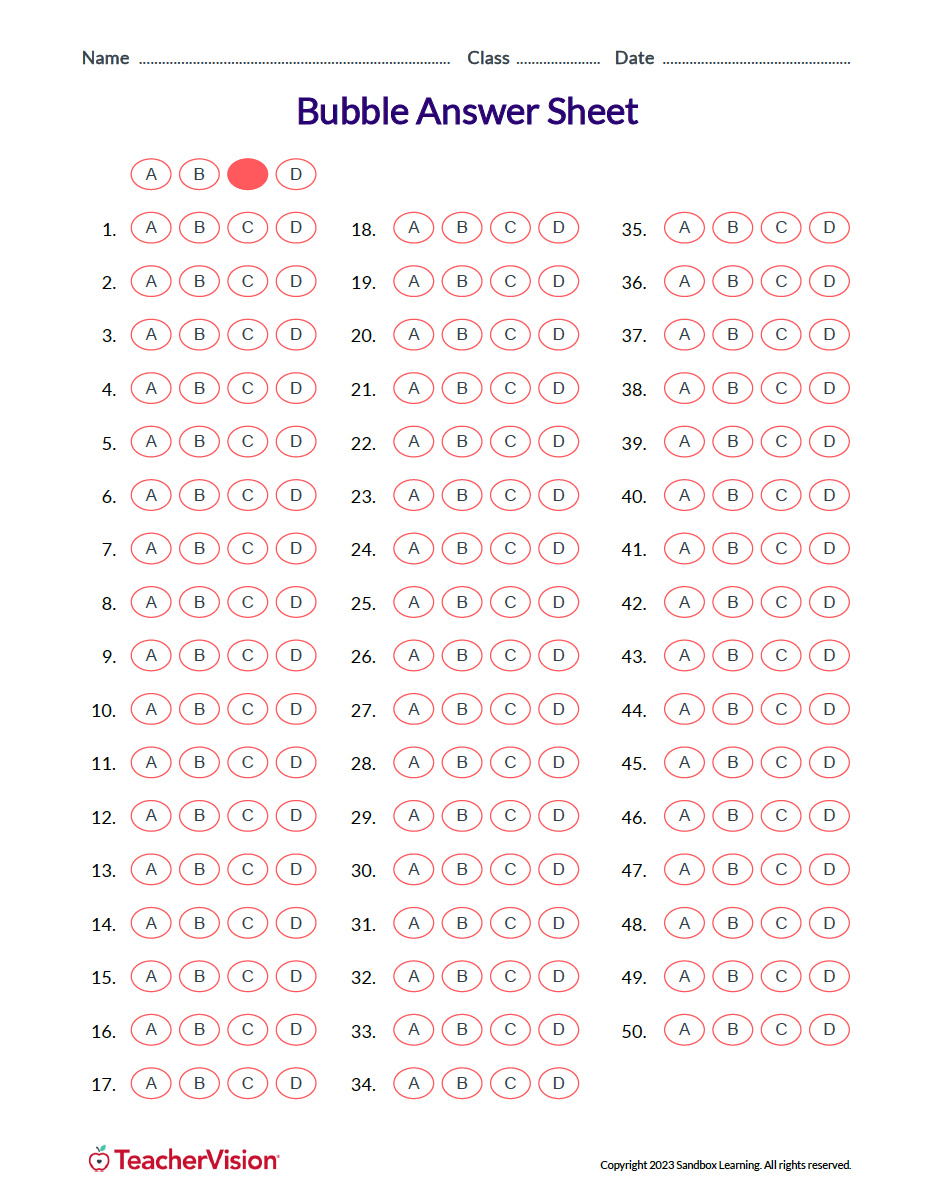 Bubble Answer Sheet For Tests - Teachervision with Free Printable Scantron Sheet