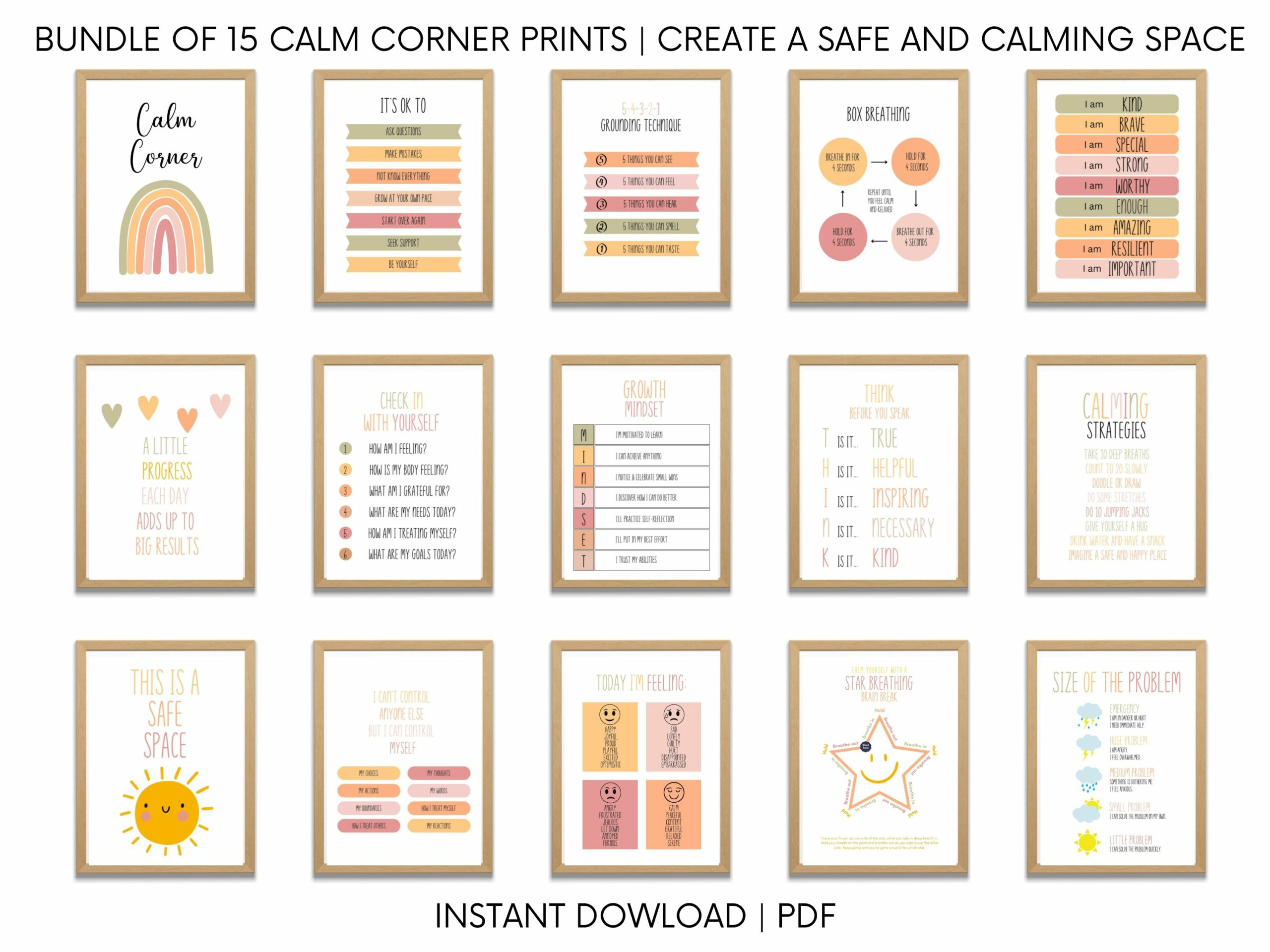 Calming Corner Wall Art Poster Set- 15 Calm Down Strategies pertaining to Calm Corner Printables Free