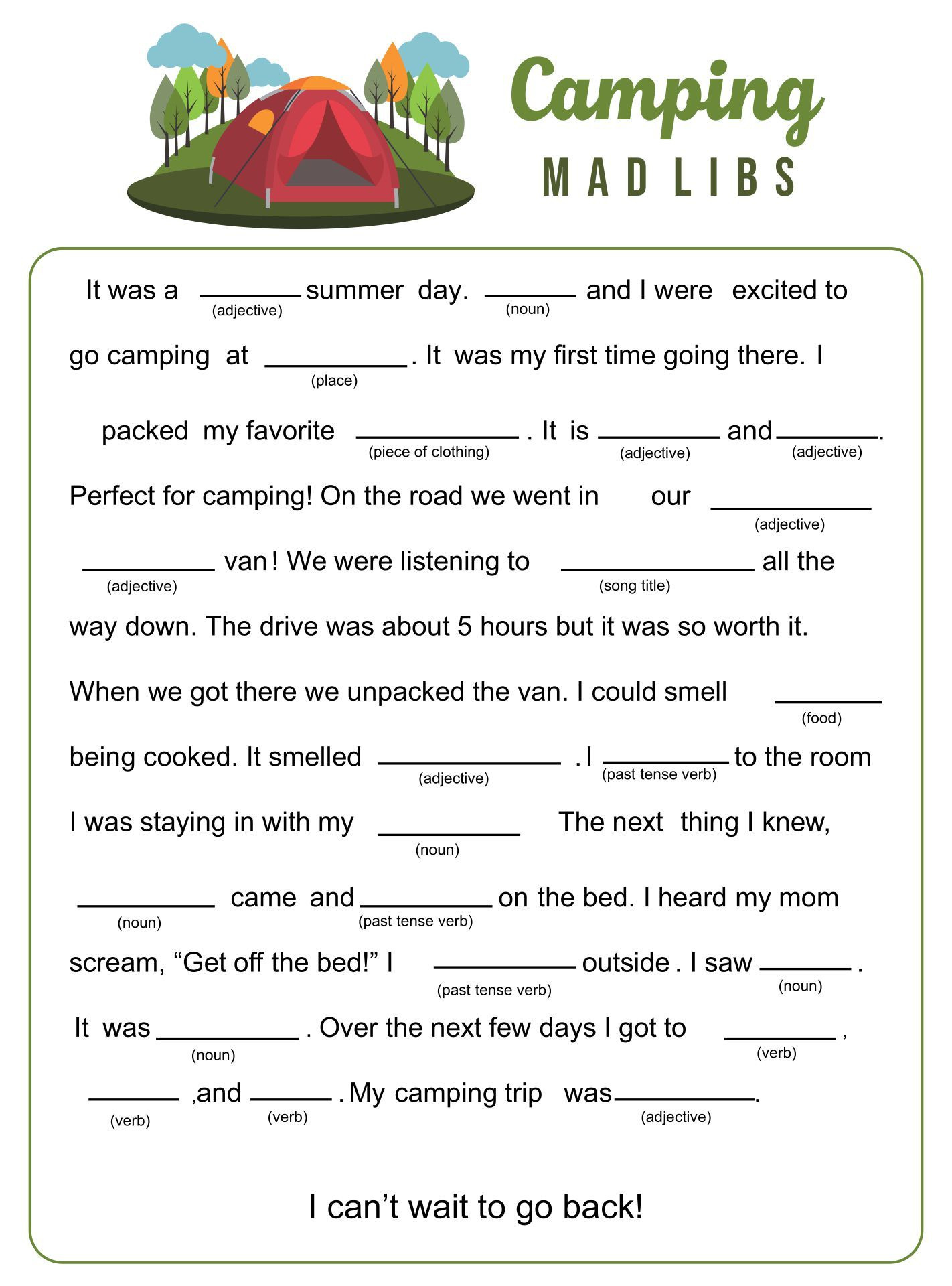 Camping Mad Libs - 20 Free Pdf Printables | Printablee within Camp Mad Libs Printable