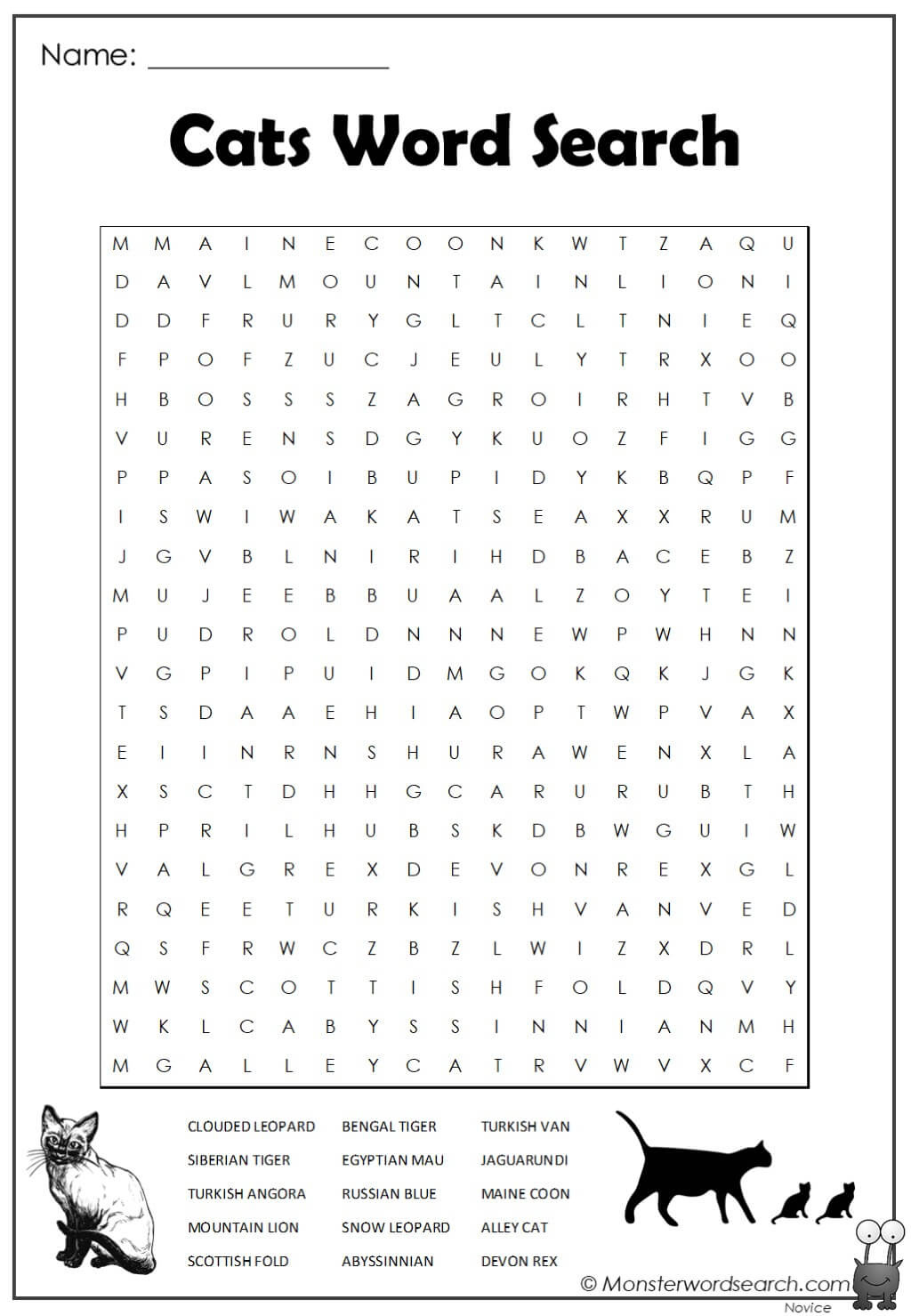 Cats Word Search - Monster Word Search pertaining to Cat Word Search Printable