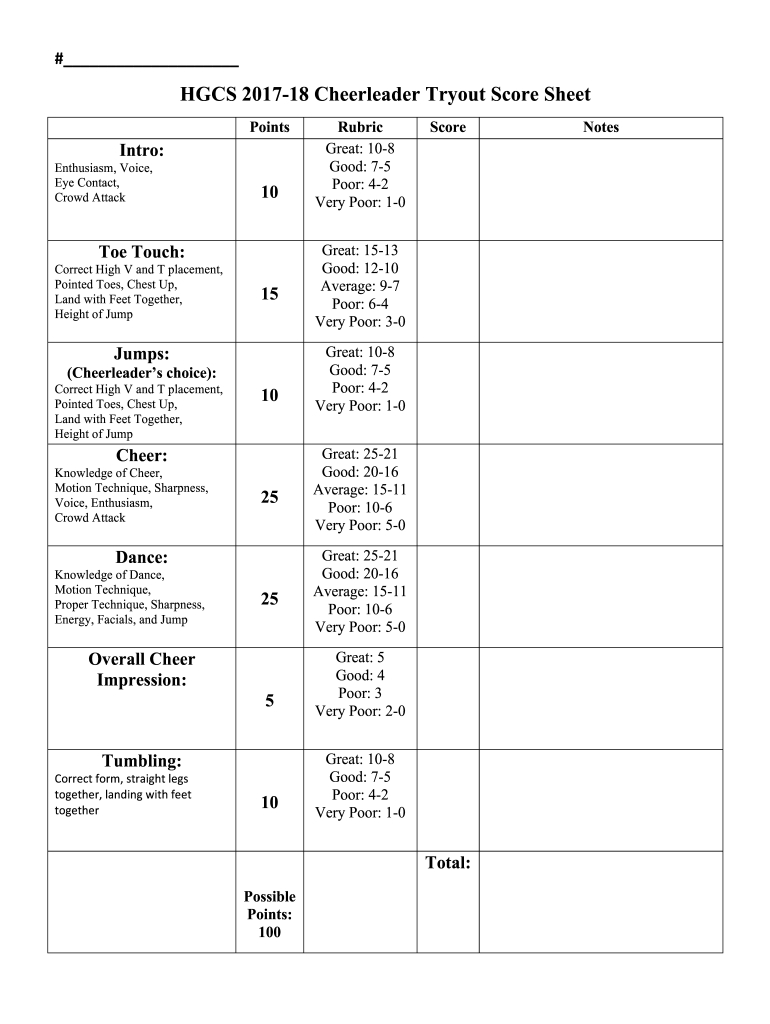 Cheer Tryout Score Sheet - Fill Online, Printable, Fillable, Blank for Tryout Numbers Printable Free