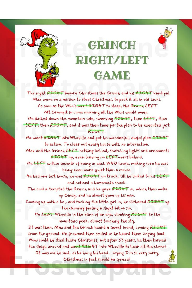 Christmas Left Right Grinch Game, Christmas Pass The Prize Right regarding Free Printable Grinch Left Right Game