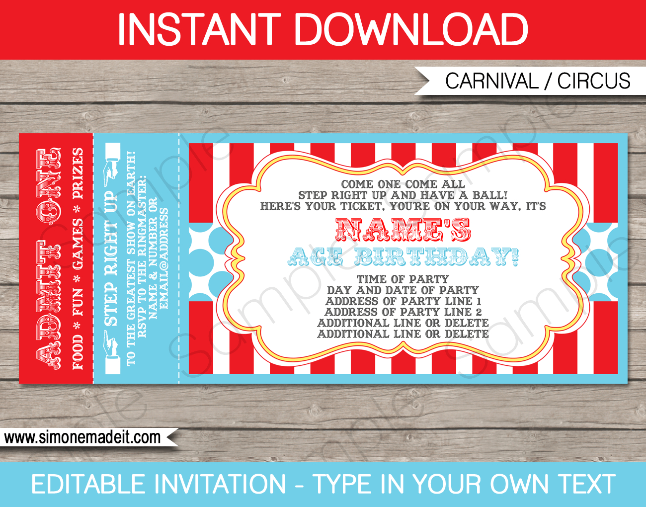 Circus Ticket Invitation Template - Red/Aqua with Free Printable Circus Invitation Template