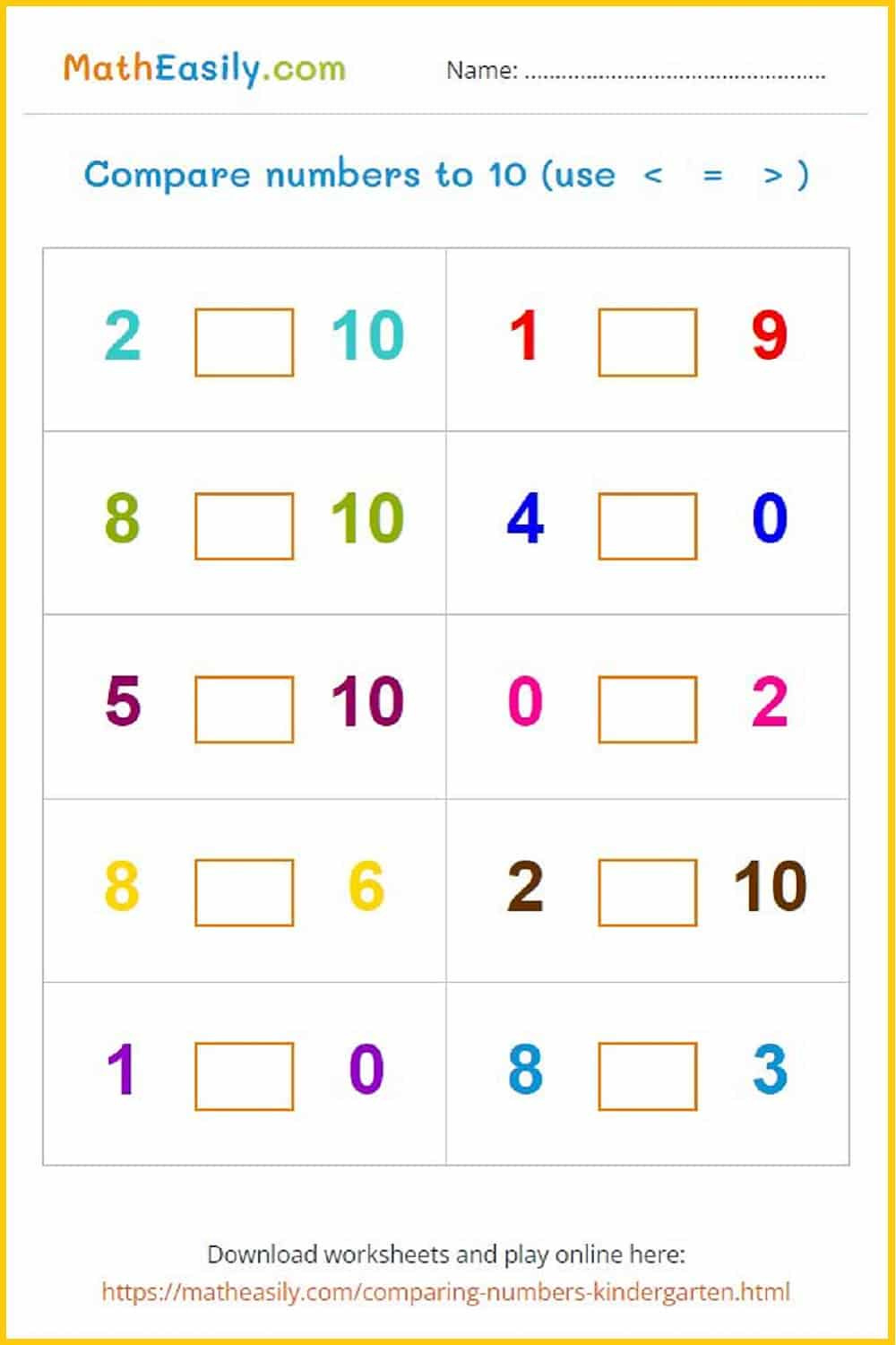 Comparing Numbers Games For Kindergarten + Worksheets inside Comparing Numbers from 1 to 10 Worksheet