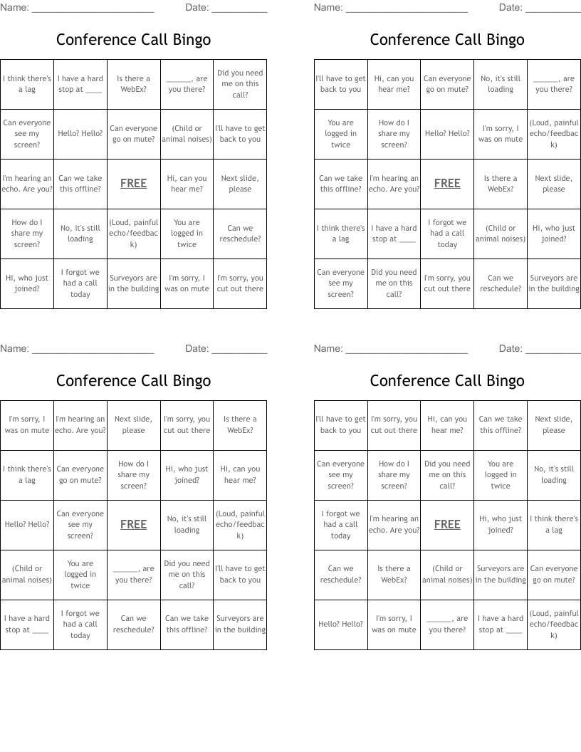 Conference Call Bingo - Wordmint throughout Conference Call Bingo Cards