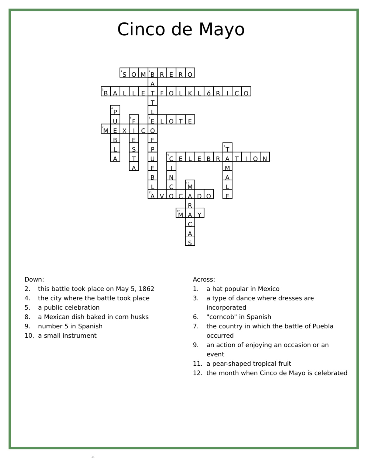 Crossword Puzzle For Cinco De Mayo - El Camino College The Union inside Cinco De Mayo Crossword Puzzle Printable