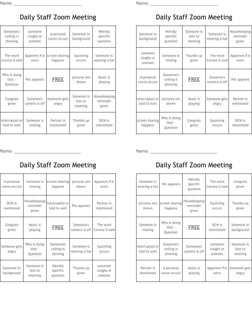 Daily Staff Zoom Meeting Bingo Cards - Wordmint regarding Zoom n Meeting Bingo Cards