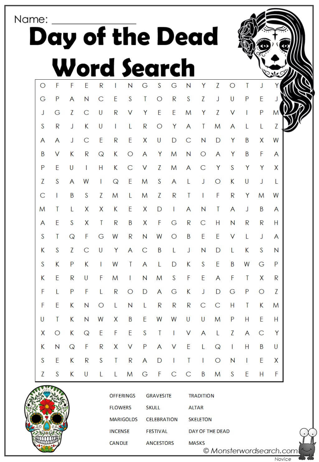 Day Of The Dead Word Search - Monster Word Search pertaining to Day of the Dead Word Search Printable