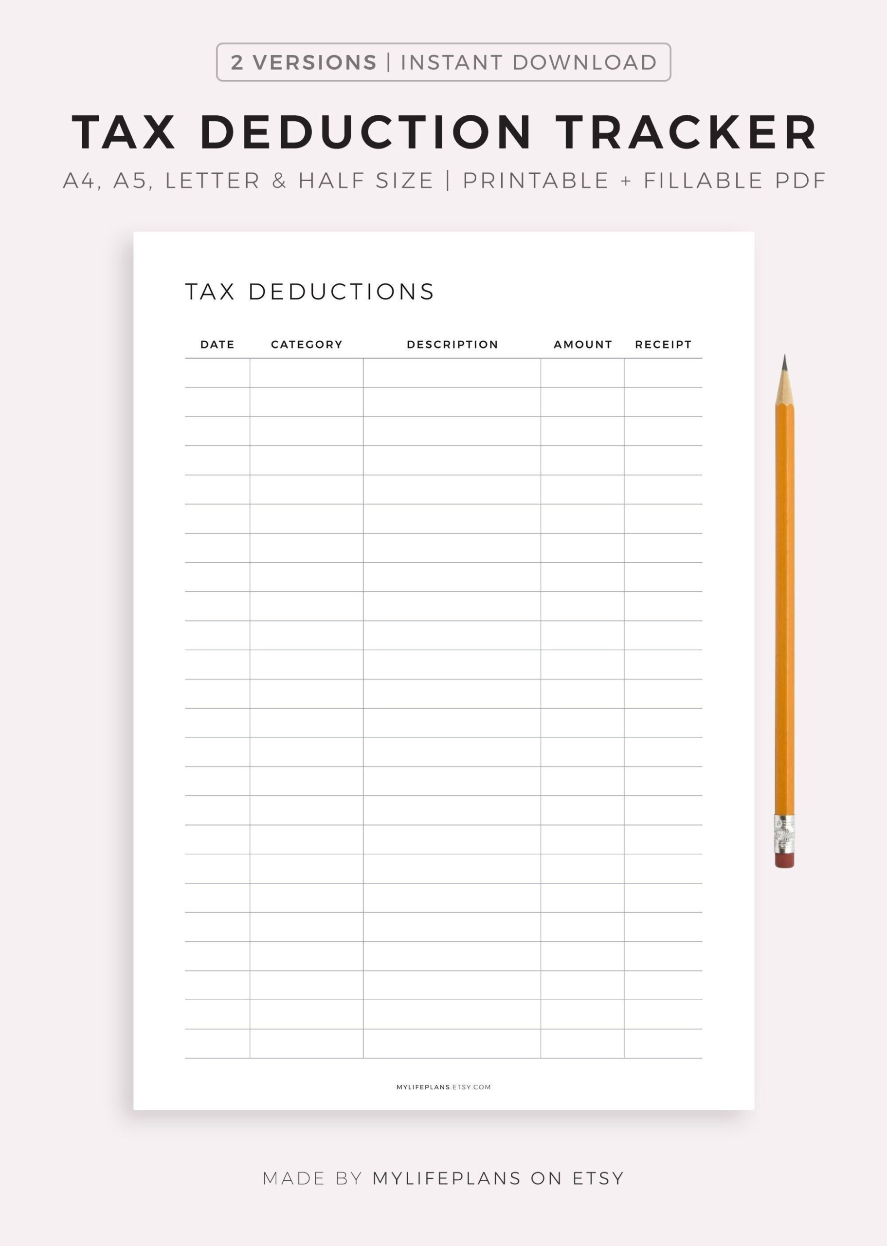 Deduction Printable - Etsy.de intended for Printable Self Employed Tax Deductions Worksheet
