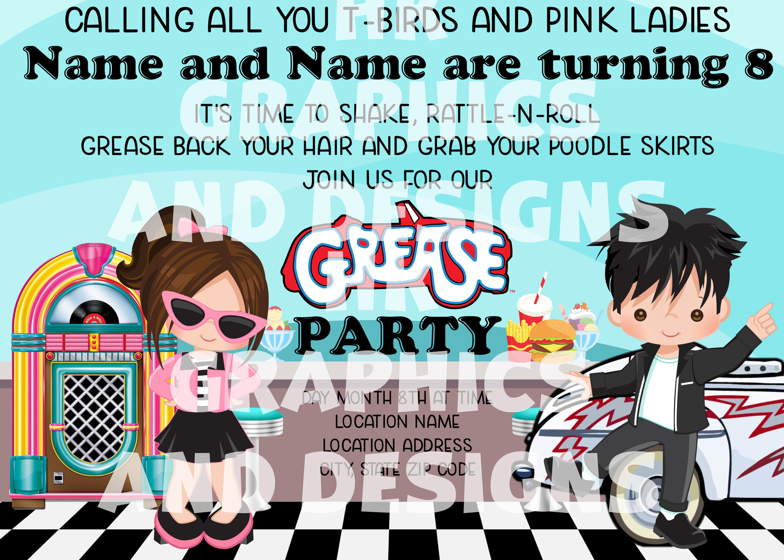 Digital Download Grease Birthday Invitations Cards 5 X 7, 50S inside Free Printable Grease Party Invitations