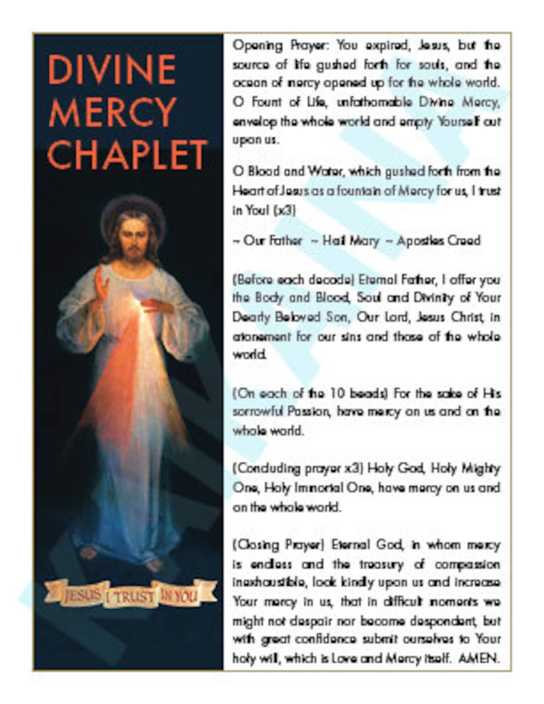 Divine Mercy Chaplet Prayer Card 4 On A Page Downloadable And Printable Catholic Saint Prayer Card. - Etsy regarding Free Printable Divine Mercy Chaplet