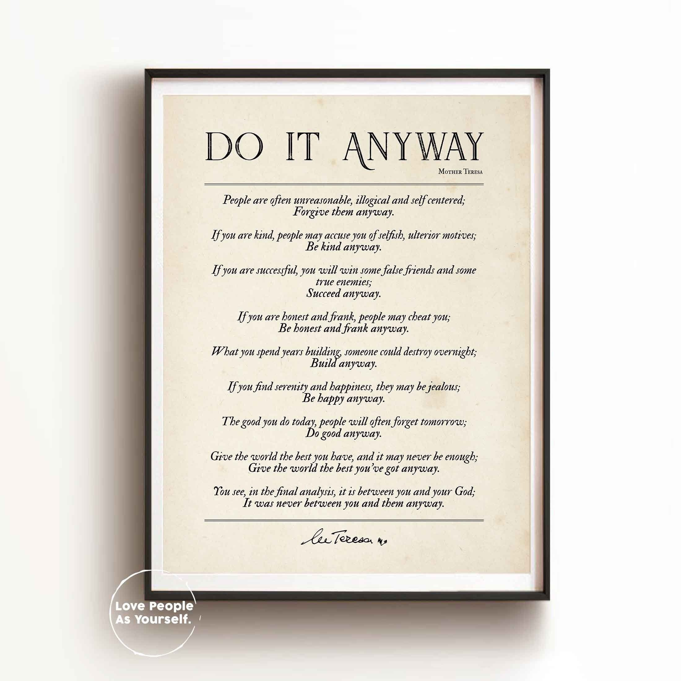 Do It Anyway Poem, Mother Teresa Quote Print, Be Kind Anyway intended for Mother Teresa Quotes Do It Anyway Printable