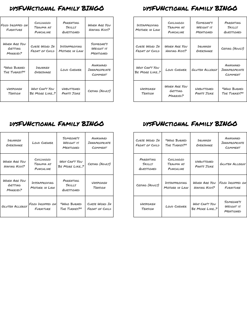 Dysfunctional Family Bingo - Wordmint inside Dysfunctional Family Bingo Card
