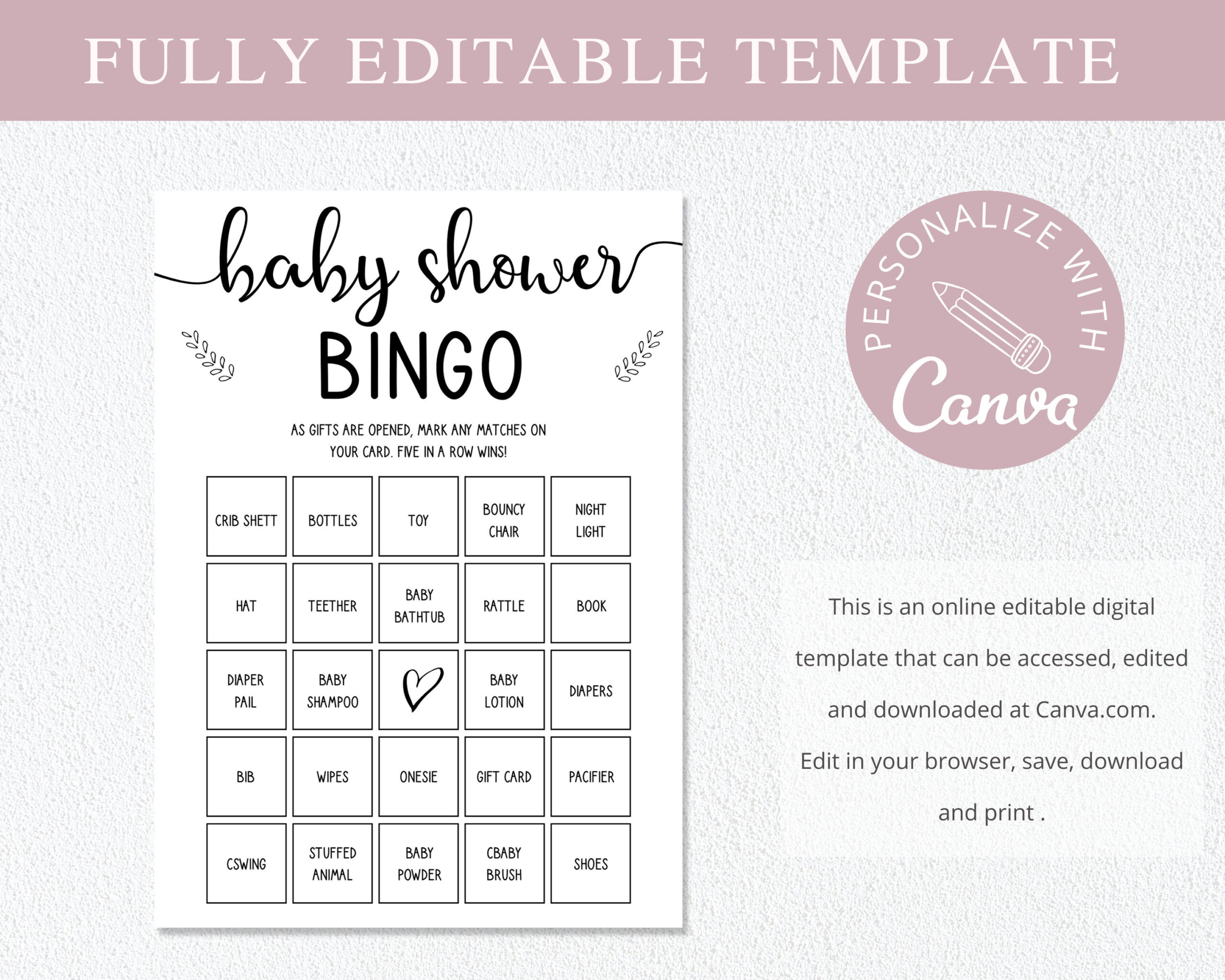 Editable Baby Shower Bingo, 30 Prefilled Baby Shower Bingo Cards in Printable Baby Shower Bingo Cards