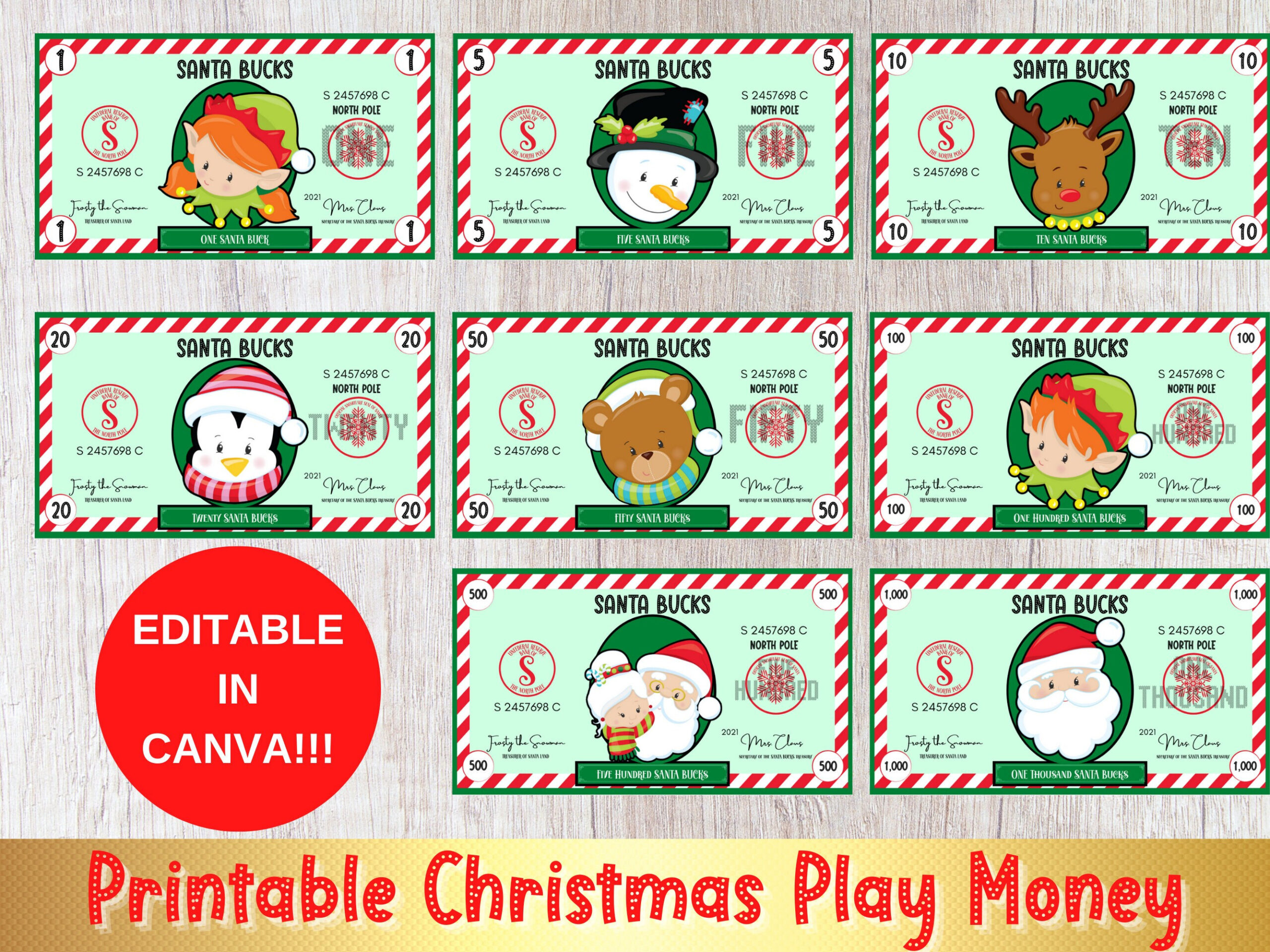 Editable Christmas Printable Play Money, Santa Bucks, Fake with Free Printable Santa Money