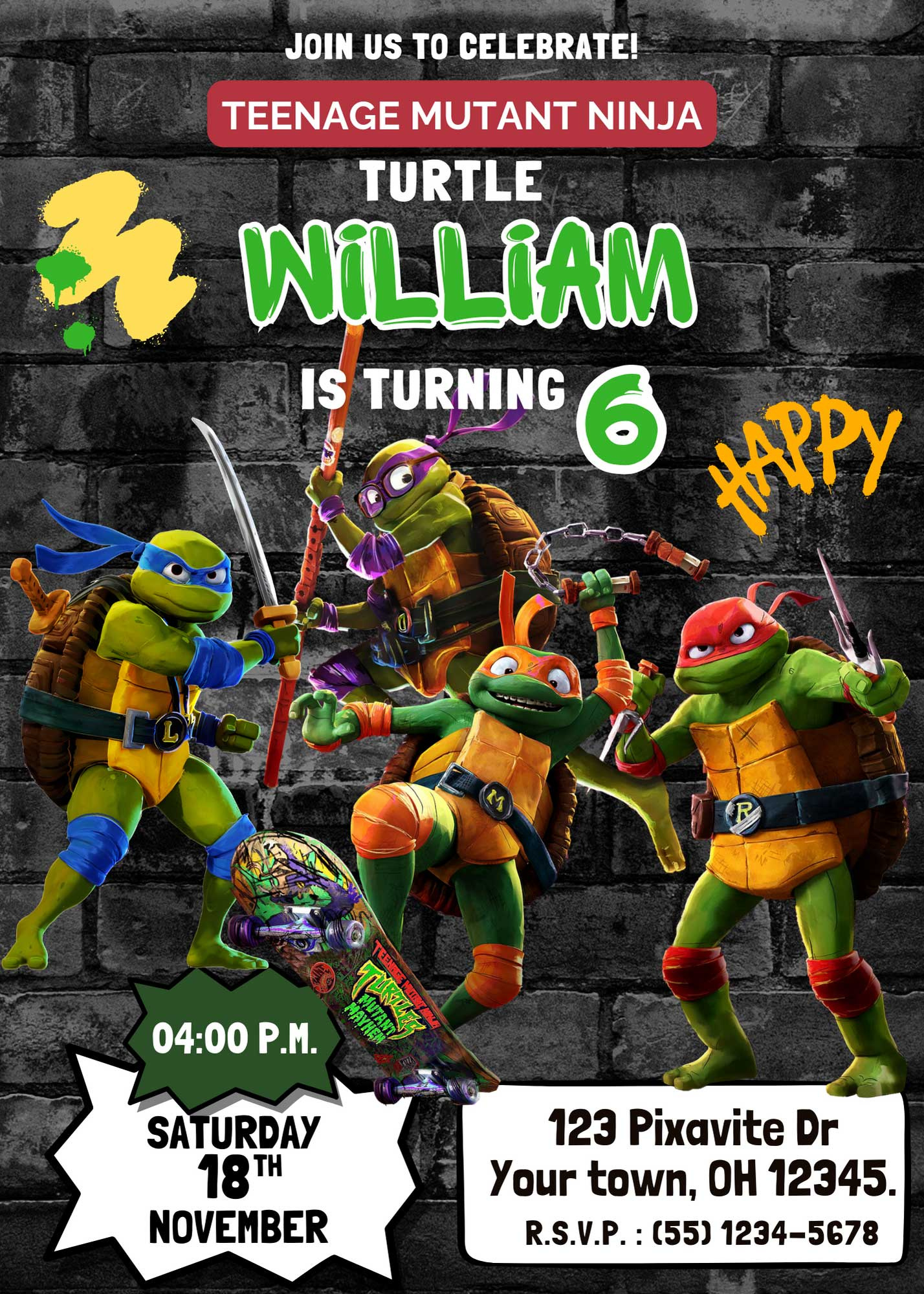 Editable Teenage Mutant Ninja Turtles Mutant Mayhem Birthday Invitation Template | Fantastic Invite intended for Free Printable Tmnt Invitations