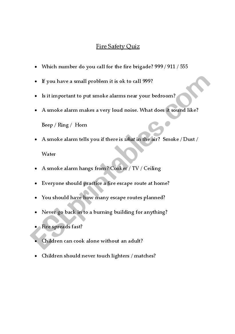 English Worksheets: Fire Safety Quiz inside Printable Fire Safety Quiz