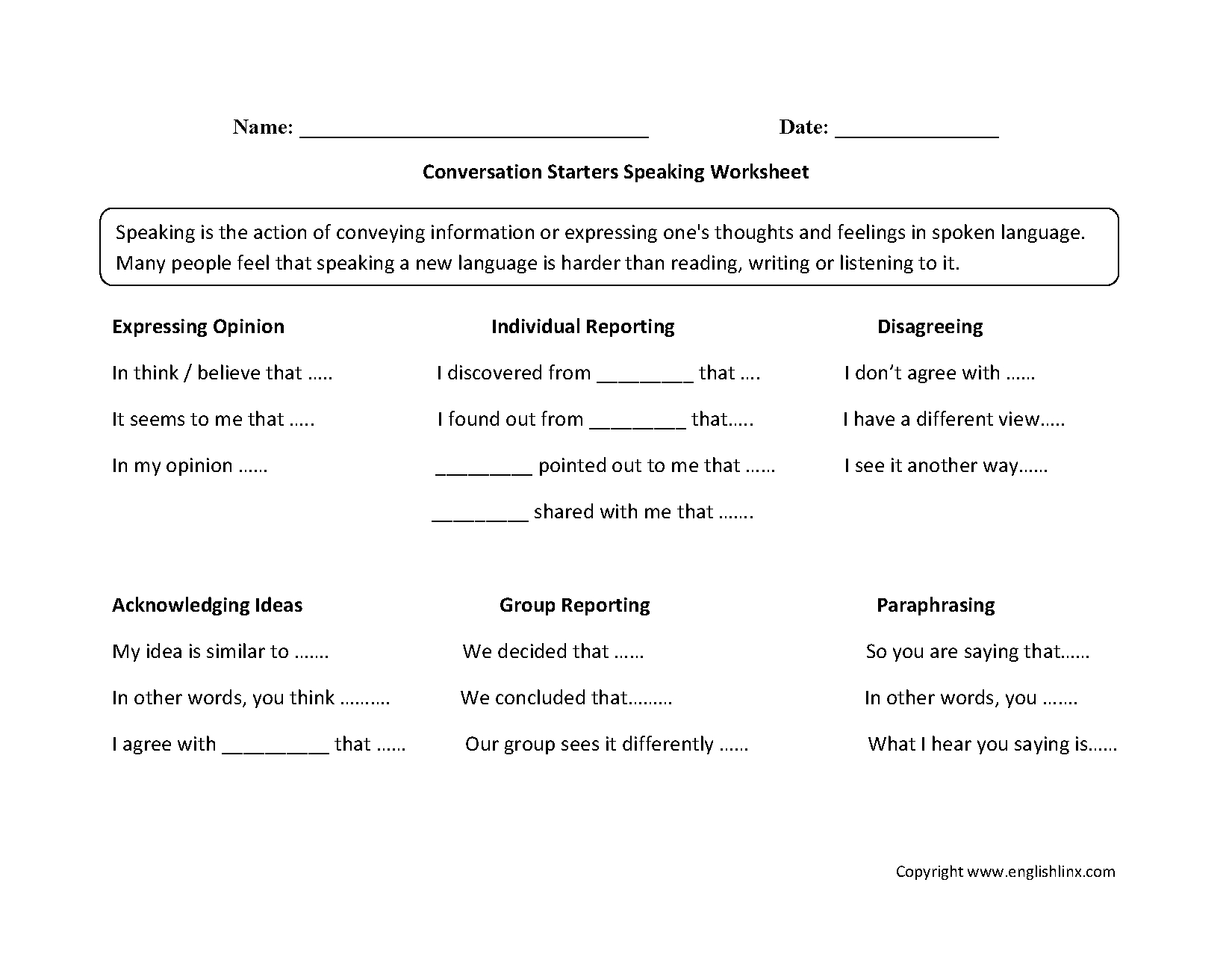 Englishlinx | Speaking Worksheets with English Speaking Worksheets Printable